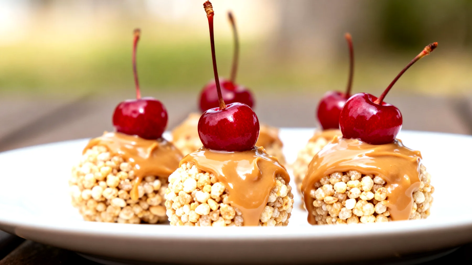 Amaranth-Puffbällchen mit Mandelbutter und Sauerkirschen"