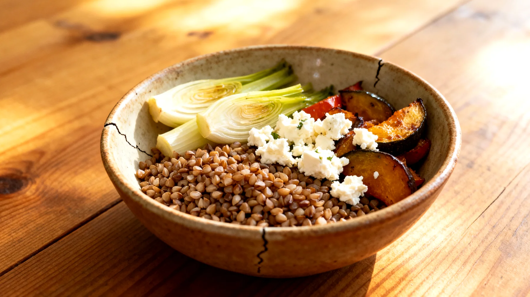 Buchweizen-Gemüse-Bowl mit gedünstetem Fenchel und Ziegenkäse"