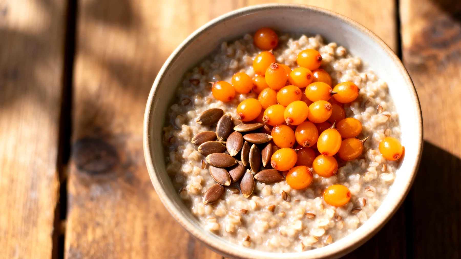 Buchweizen-Porridge mit Sanddornbeeren und Kürbiskernen"