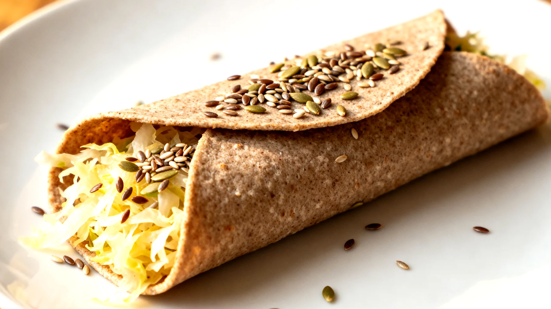 Buchweizen-Sauerkraut-Wrap mit Hanfsamen und Leinsamenaufstrich"