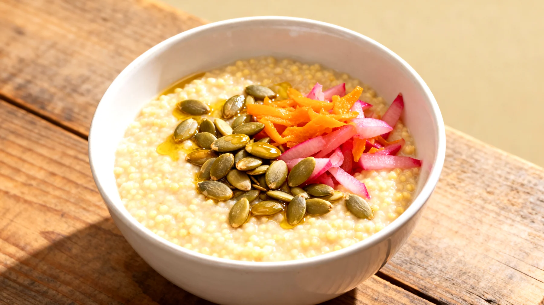 Hirse-Porridge mit Kürbiskernen und fermentierten Rüben (Sauerruben)"
