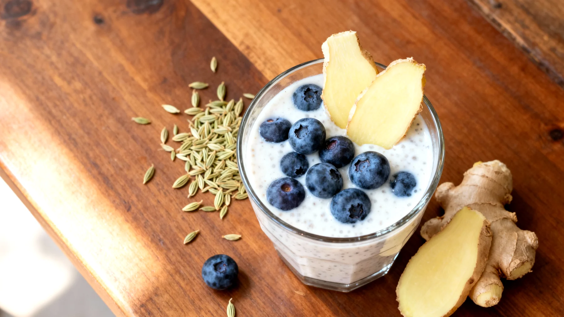 Kefir-Smoothie mit Fenchelsamen, Ingwer und Blaubeeren"