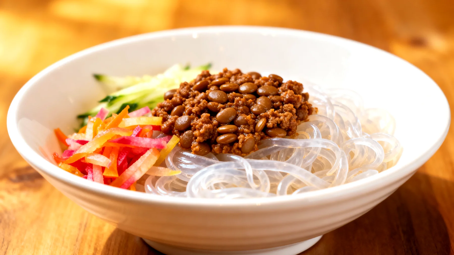 Konjak-Nudeln (Shirataki) mit Linsen-Bolognese und fermentierten Gemüse"