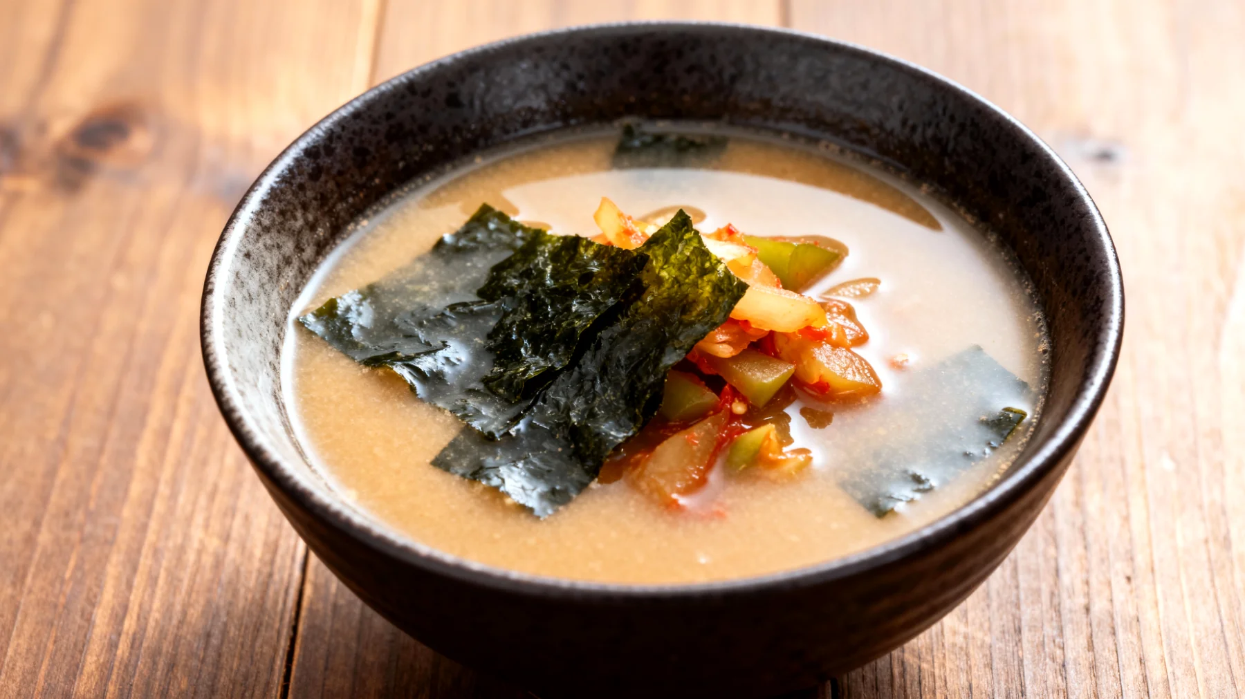 Miso-Suppe mit Wakame-Algen und fermentiertem Gemüse"