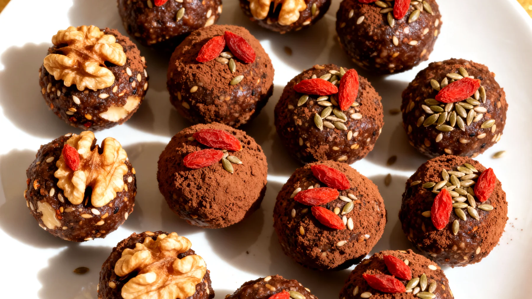 Walnuss-Kakao-Energiekugeln mit Goji-Beeren und Hanfsamen"
