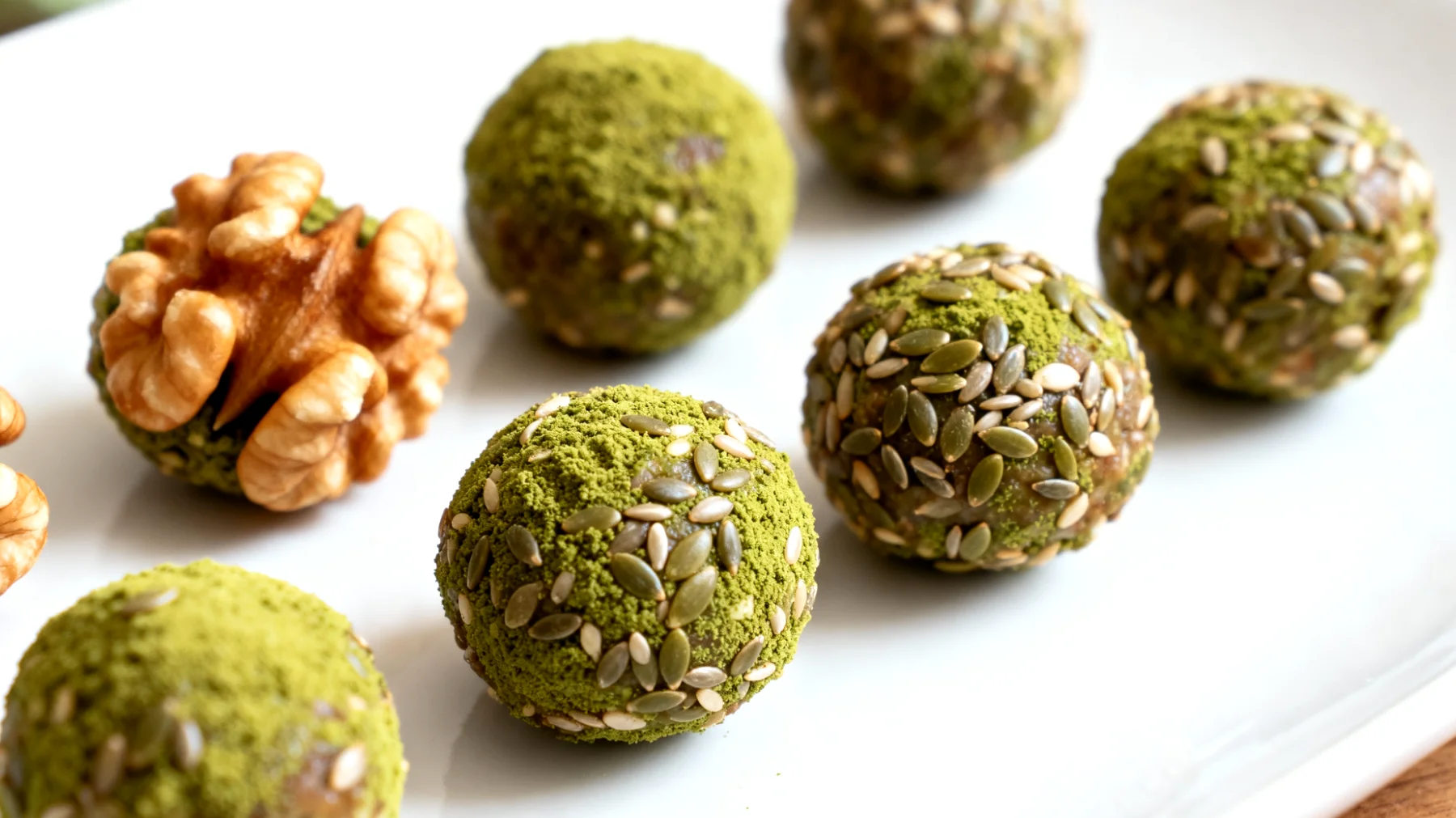 Walnuss-Matcha-Energiekugeln mit Hanfsamen"