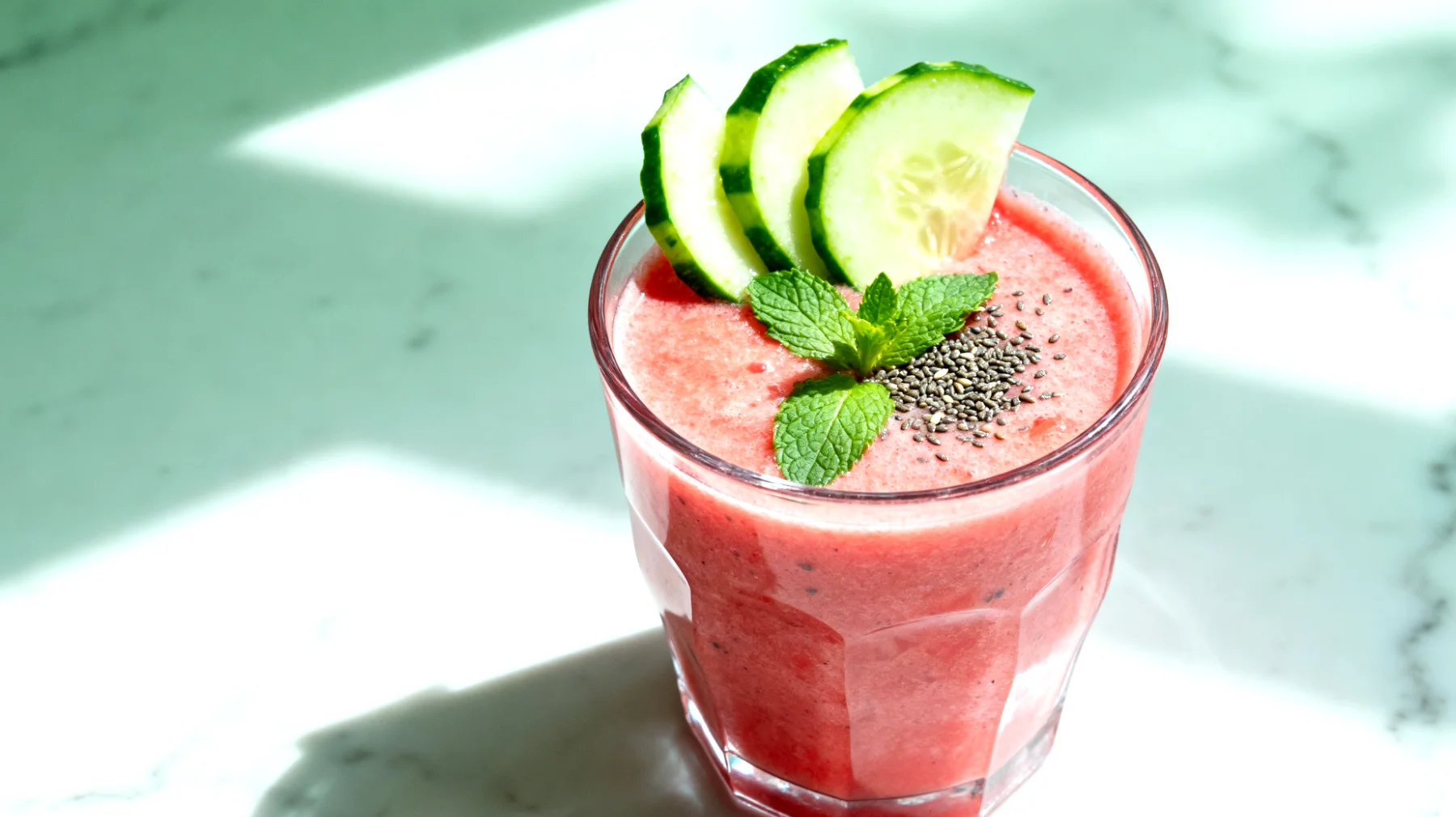 Wassermelonen-Minze-Smoothie mit Gurkenstücken und Chiasamen"