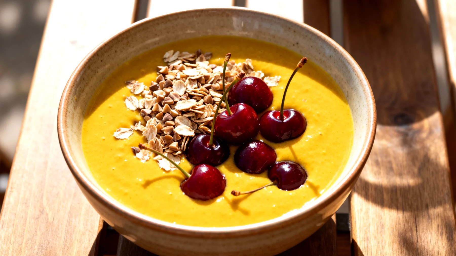 Goldene Milch mit Buchweizenflocken und Sauerkirschen"