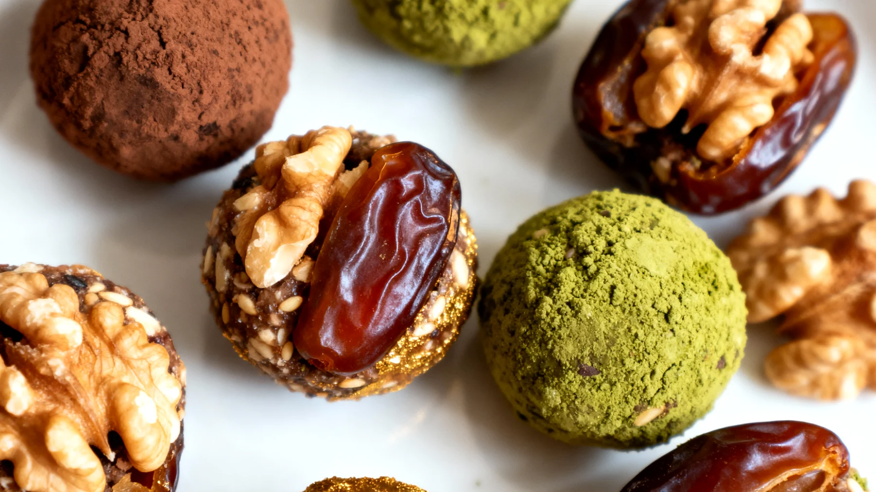 Walnuss-Kakao-Energiebällchen mit Matcha und Datteln"